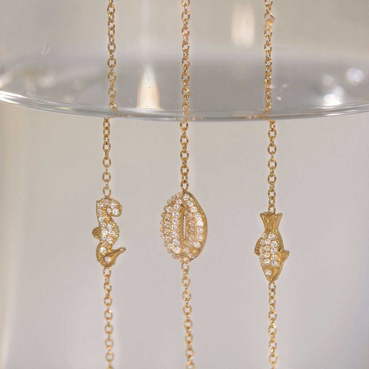 18K Gold Ocean Sparkle Seashell Palm Tree Dainty Pave Pendant Necklace Jewelry Set