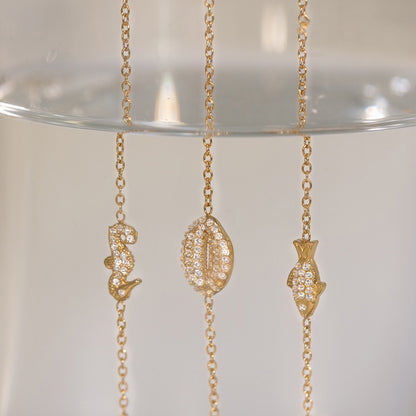 18K Gold Ocean Sparkle Seashell Palm Tree Dainty Pave Pendant Necklace Jewelry Set