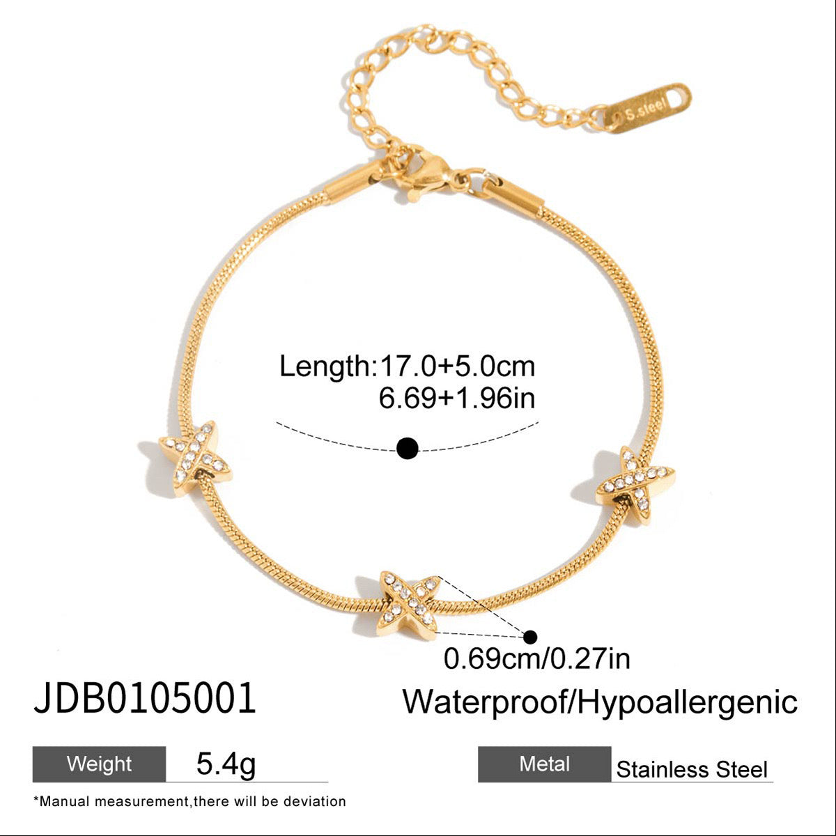 18K Gold Waterproof Dainty Heart Hand Jewelry Chain Bracelet