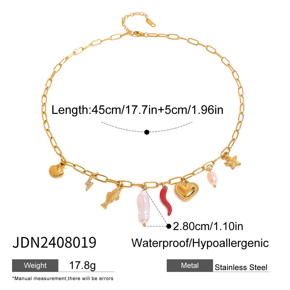 18K Gold Summer Beach Pearl Italian Horn Charm Necklace