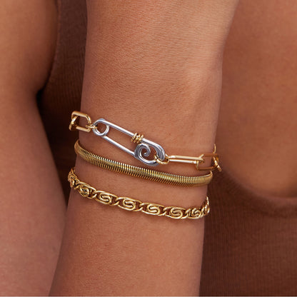 18K Gold and Silver Two Tone Safety Pin Dainty Chain Bracelet Stack