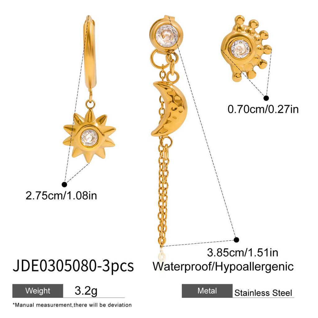 18K Gold Stars and Moon Celestial Huggie Chain Earrings Cartilage Stud Set