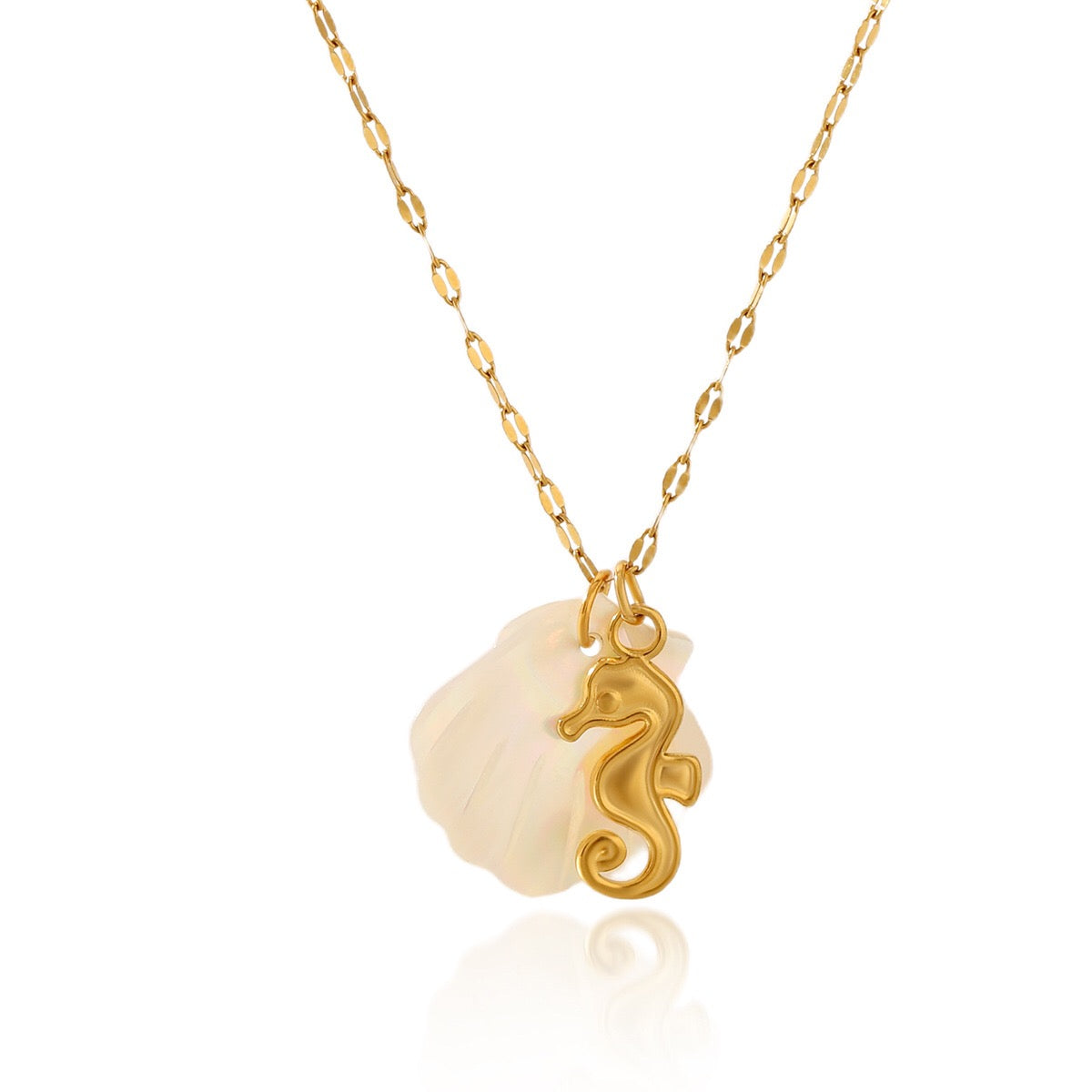 18K Gold Mother of Pearl Seashell Ocean Charm Pendant Necklace