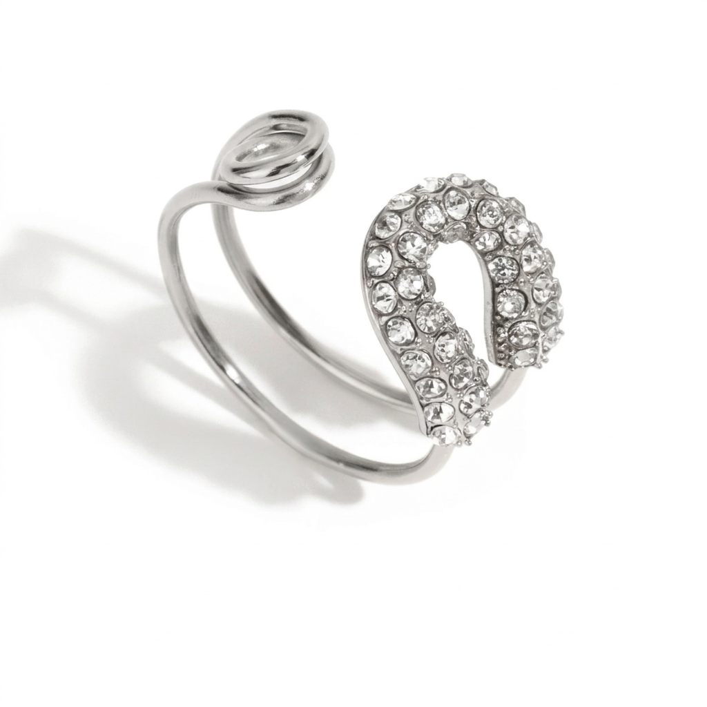 18K Gold Bejeweled Safety Pin Cuff Stacking Ring