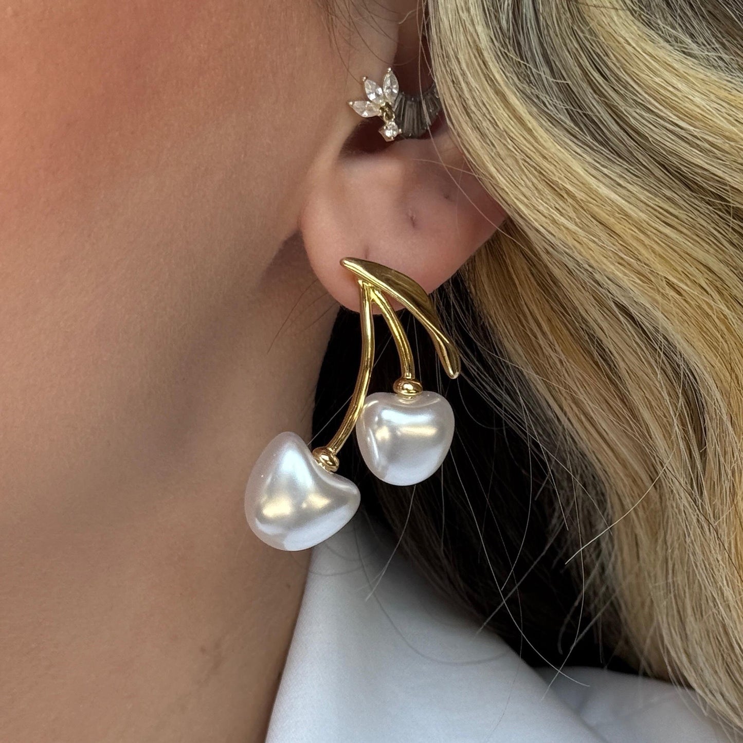 18K Gold Pearl Cherry Statement Dangle Stud Earrings