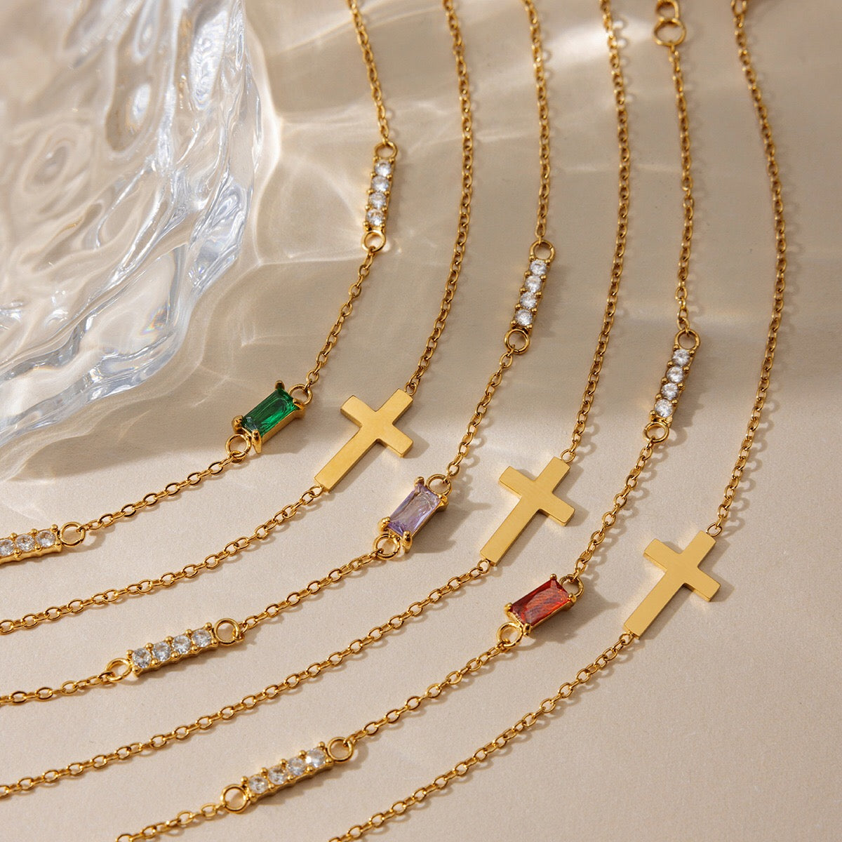 18K Gold Cross Birthstone Bracelets Set