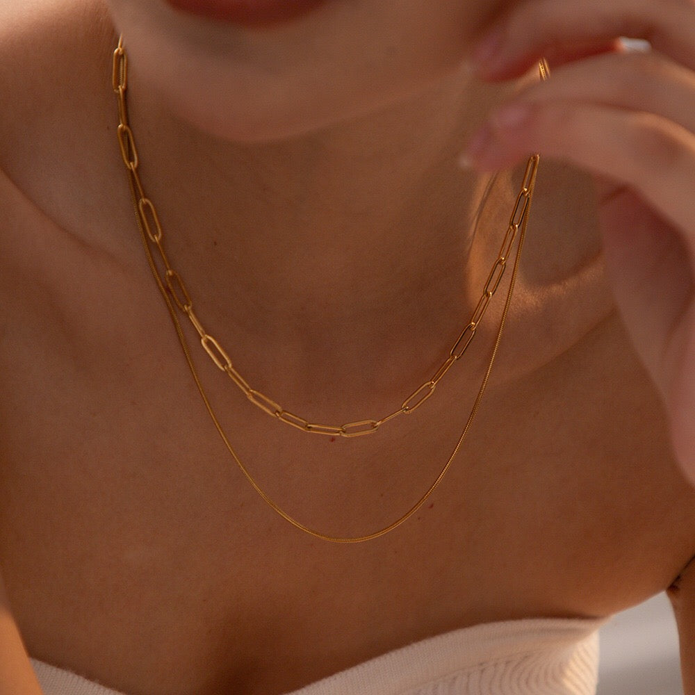 18K Gold Paperclip Chain Dainty Layered Necklace Set