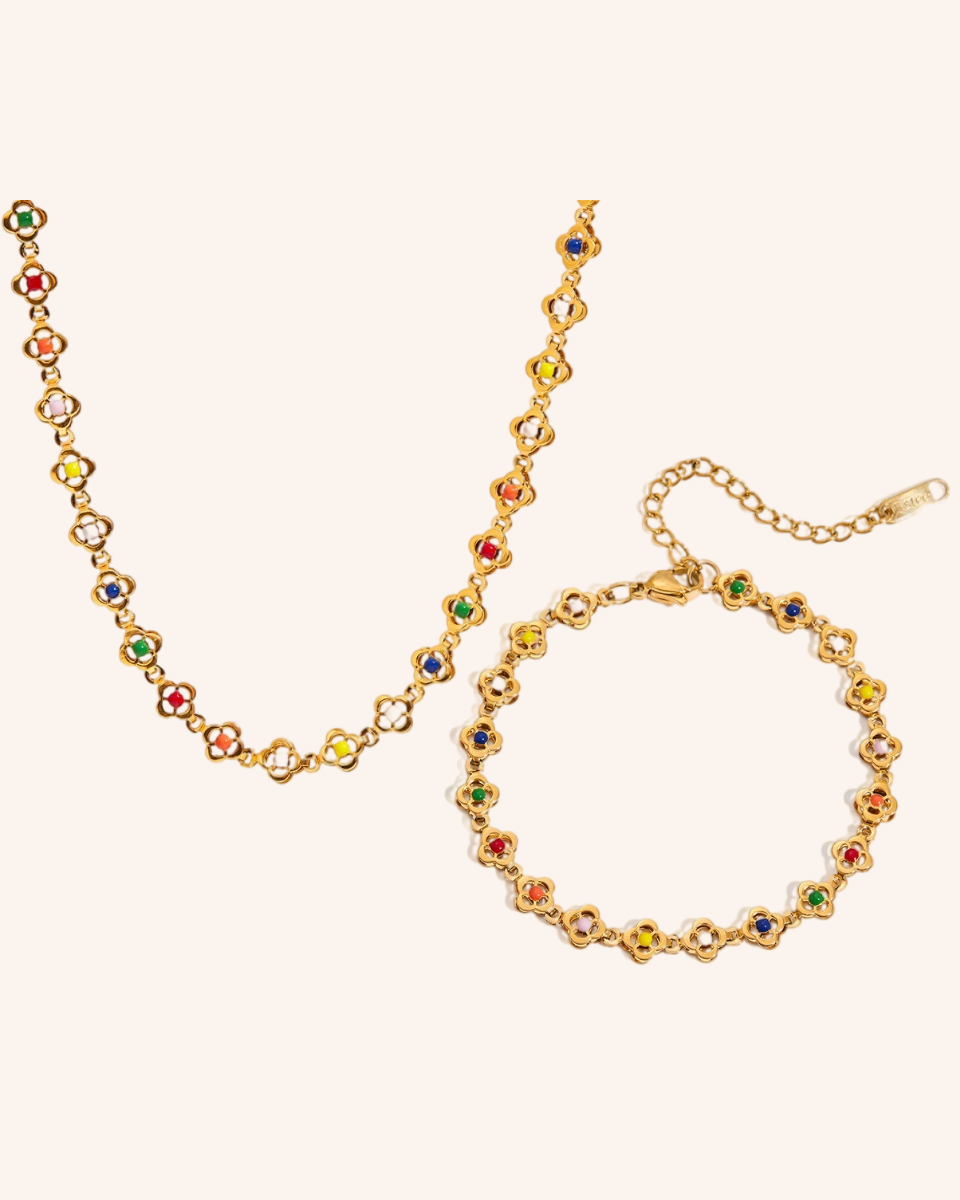 18K Gold Confetti Petal Link Flower Chain Necklace Jewelry Set