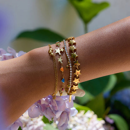 18K Gold Stars Align Dainty Chain Colorful Hearts Bracelet Stack