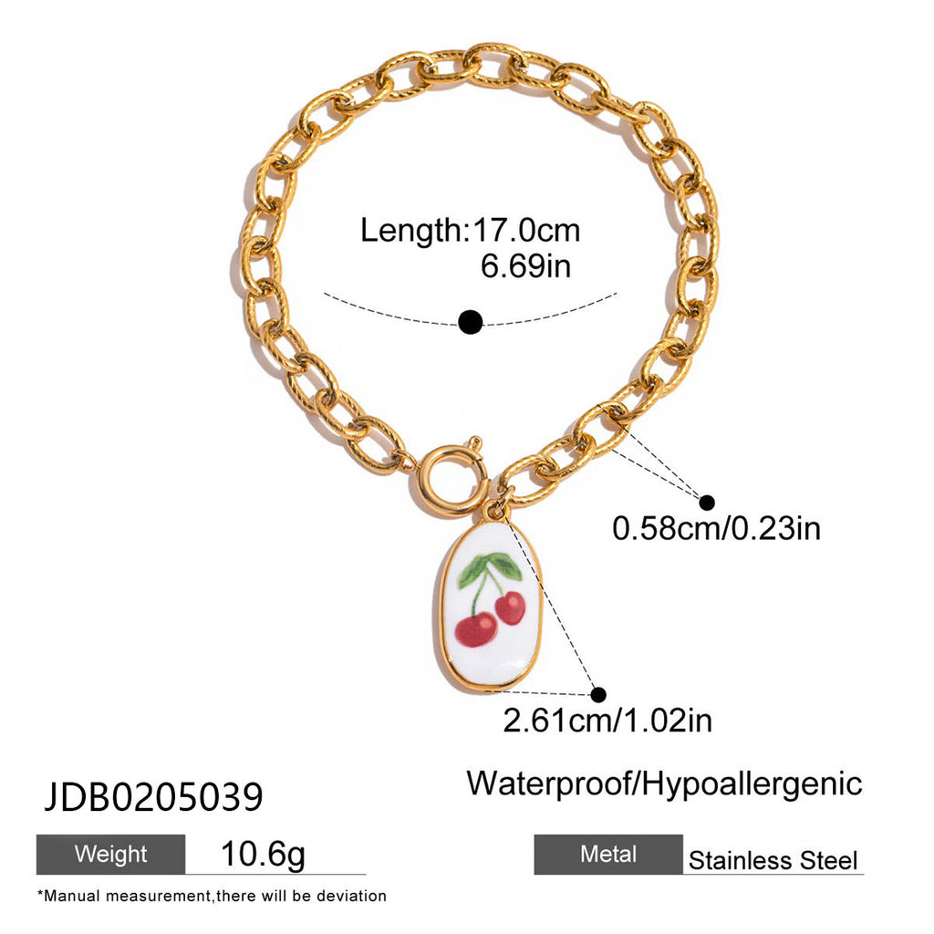 18K Gold Tropical Fruit Charm Pearl Chain Bracelet Stack