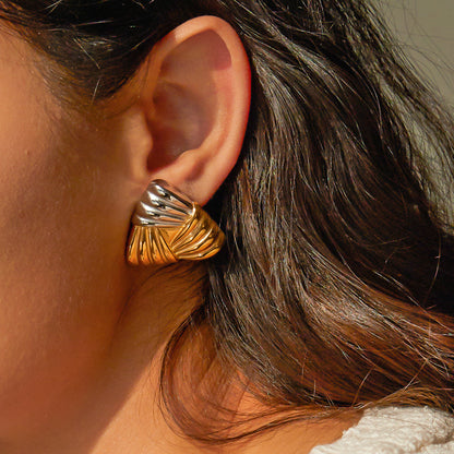 18K Gold Ribbed Triangle Statement Stud Earrings