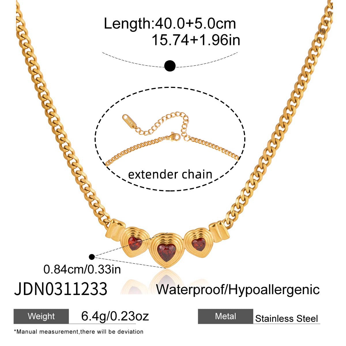 18K Gold Crimson Crush Red Pink Heart Cuban Link Chain Necklace