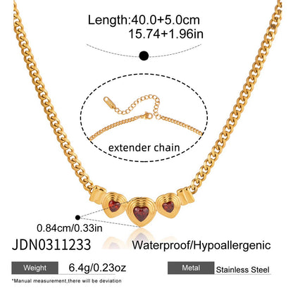 18K Gold Crimson Crush Red Pink Heart Cuban Link Chain Necklace