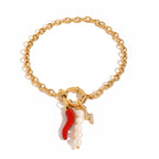18K Gold Italian Horn Pearl Charm Bracelet