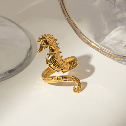 18K Gold Ocean Theme Sea Horse Statement Ring