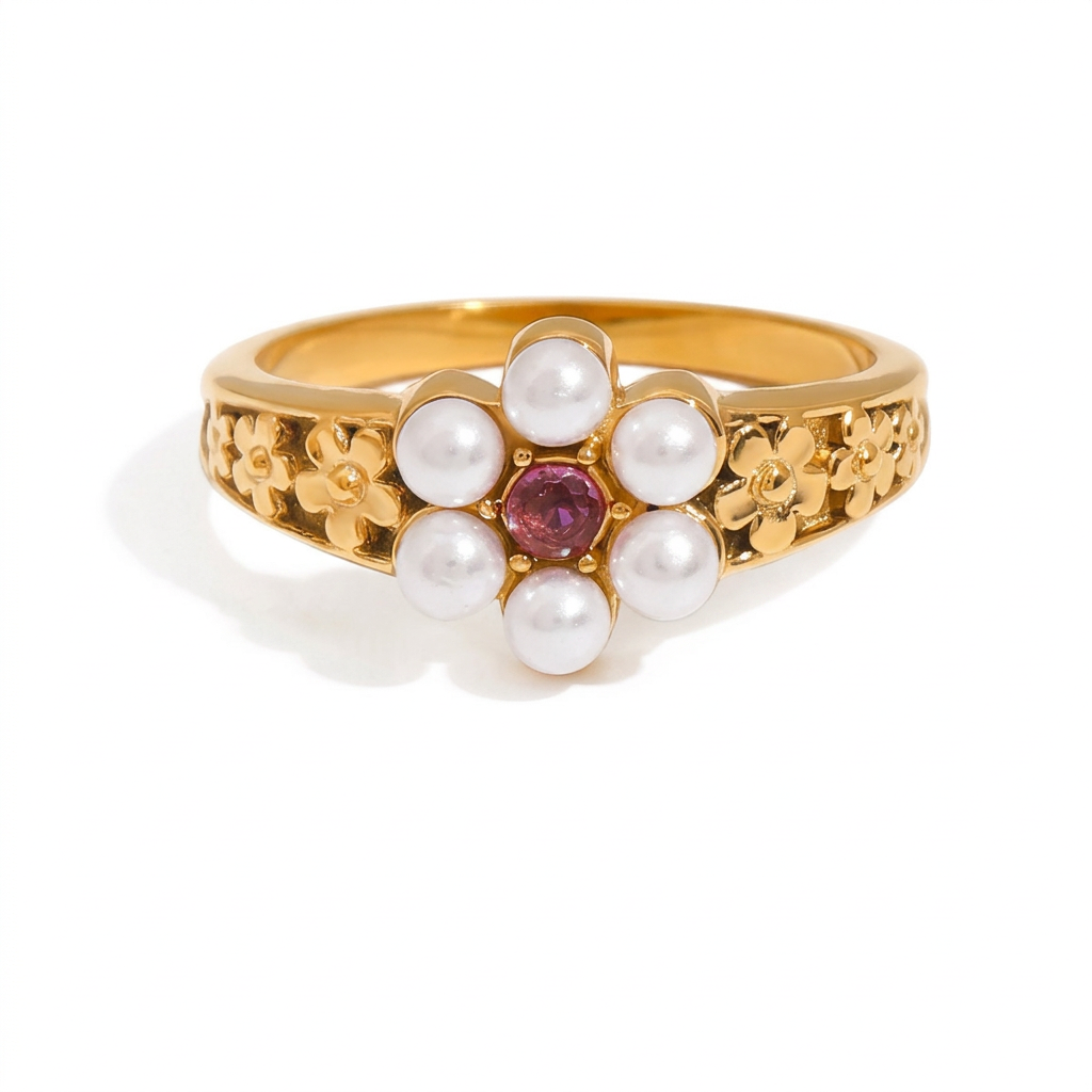 18K Gold Watch Band Flower Heart Statement CZ Stacking Ring