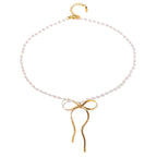 18K Gold Ribbon Bow Pearl Chain Pendant Necklace