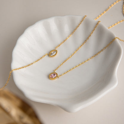 18K Gold Subtle Pink Dainty Bezel Pendant Necklace