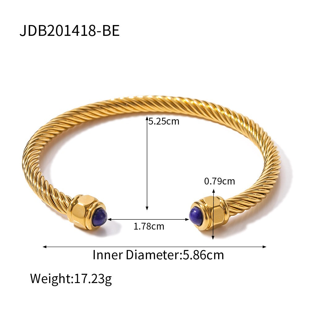 18K Gold Natural Stone Twisted Ribbed Cuff Bangle Bracelet