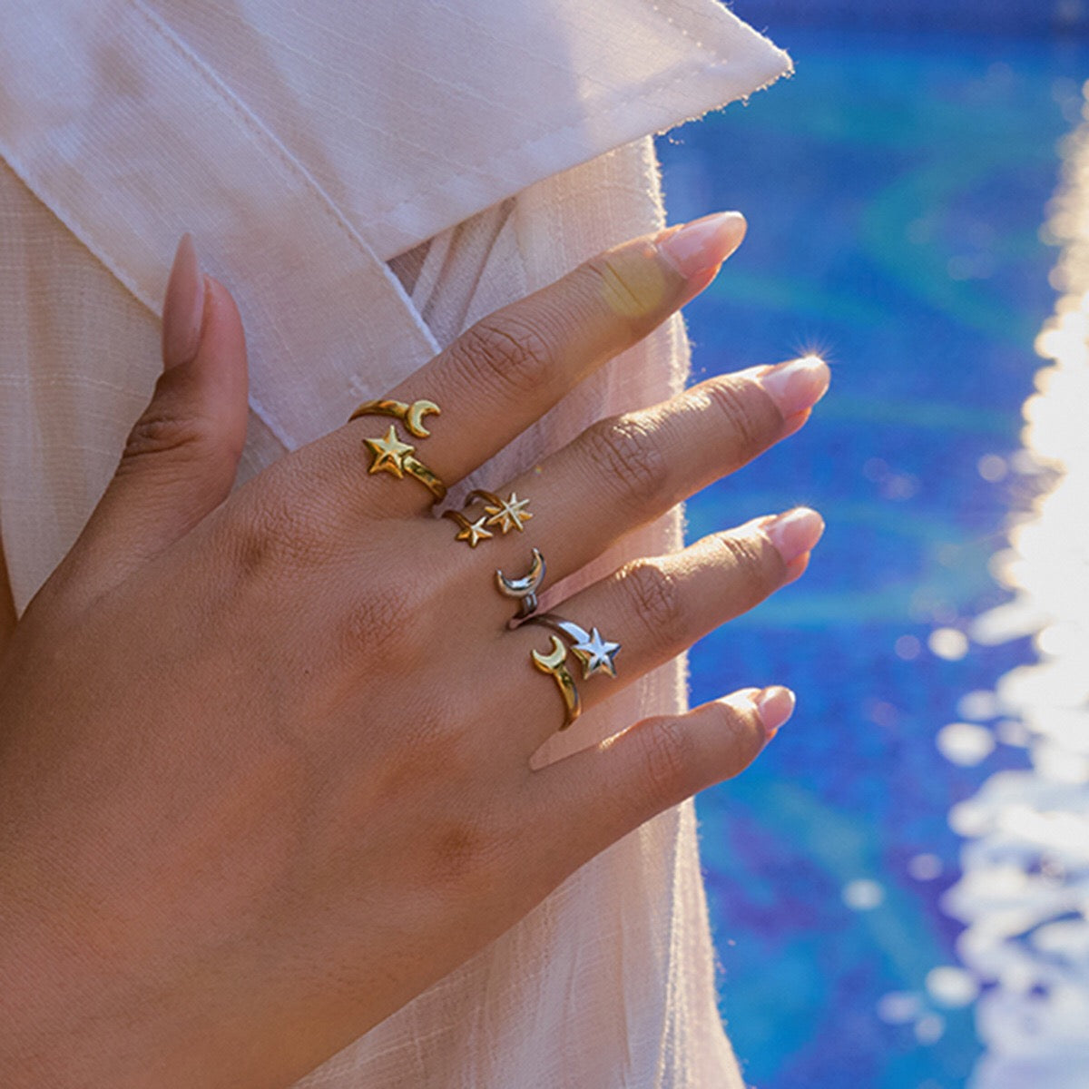 18K Gold Star and Moon Two Tone Silver Ring