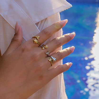 18K Gold Star and Moon Two Tone Silver Ring