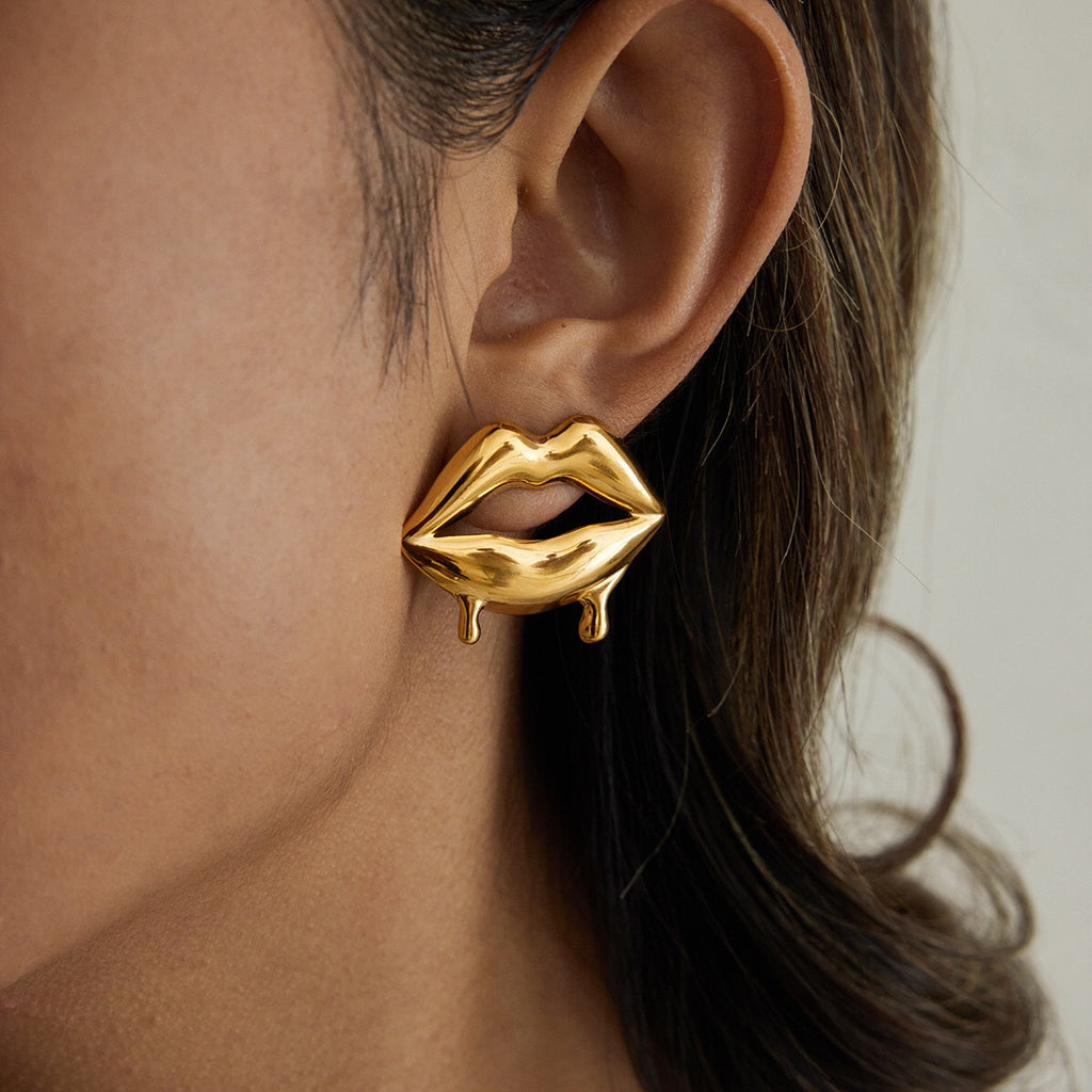 18K Gold Golden Drip Cherry Lips Star Statement Stud Earrings