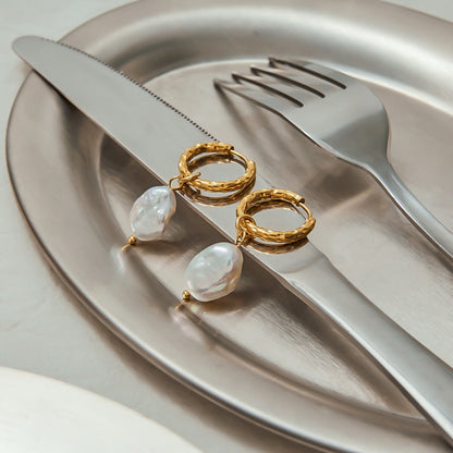 18K Gold Moonlit Elegant Pearl Huggie Earrings Ear Cuffs Studs Set