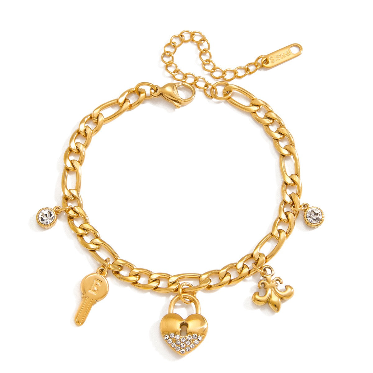 18K Gold Secret Lover Heart Lock and Key Charm Chunky Chain Bracelet