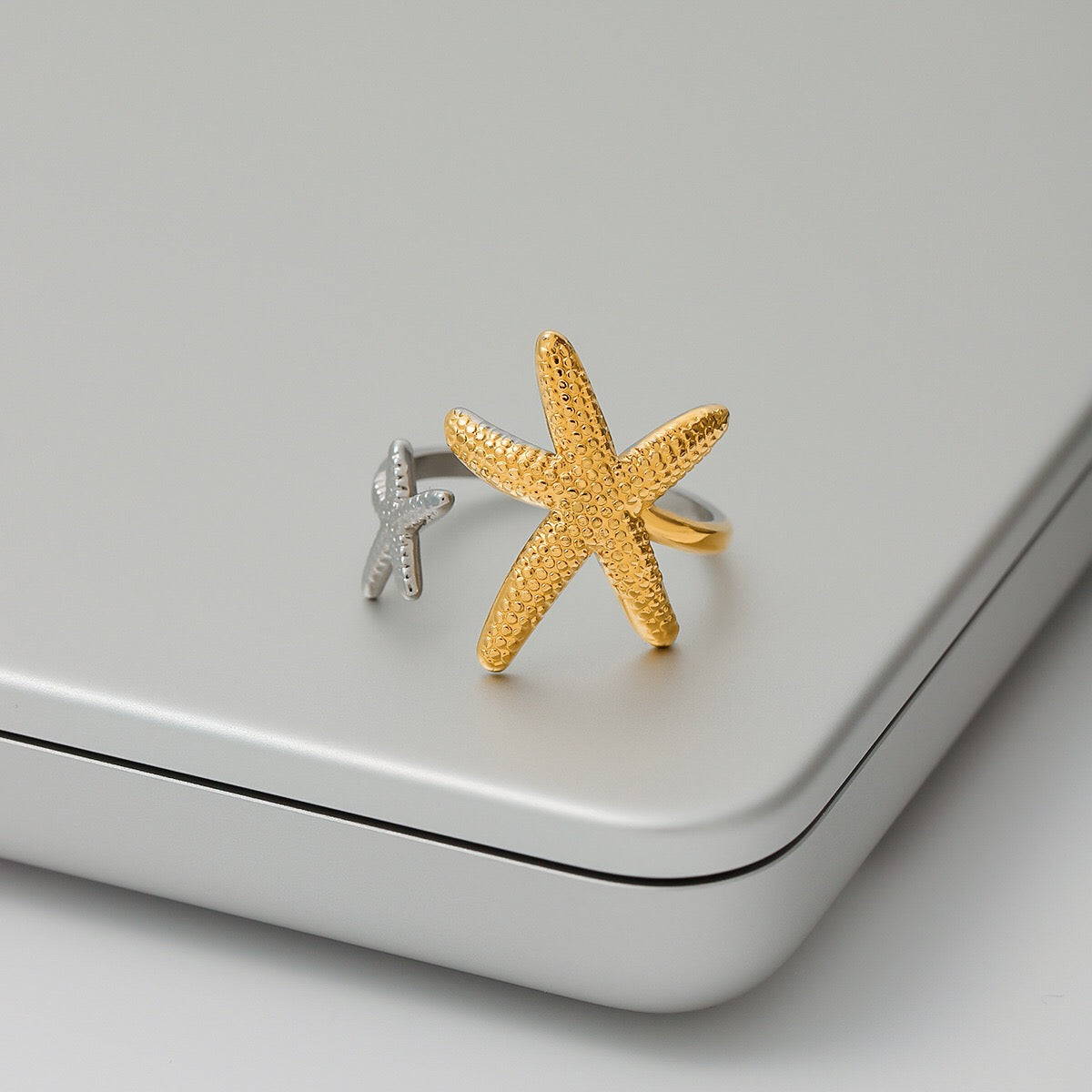18K Gold and Silver Two Tone Coastal Glow Seashell Starfish Cuff Ring