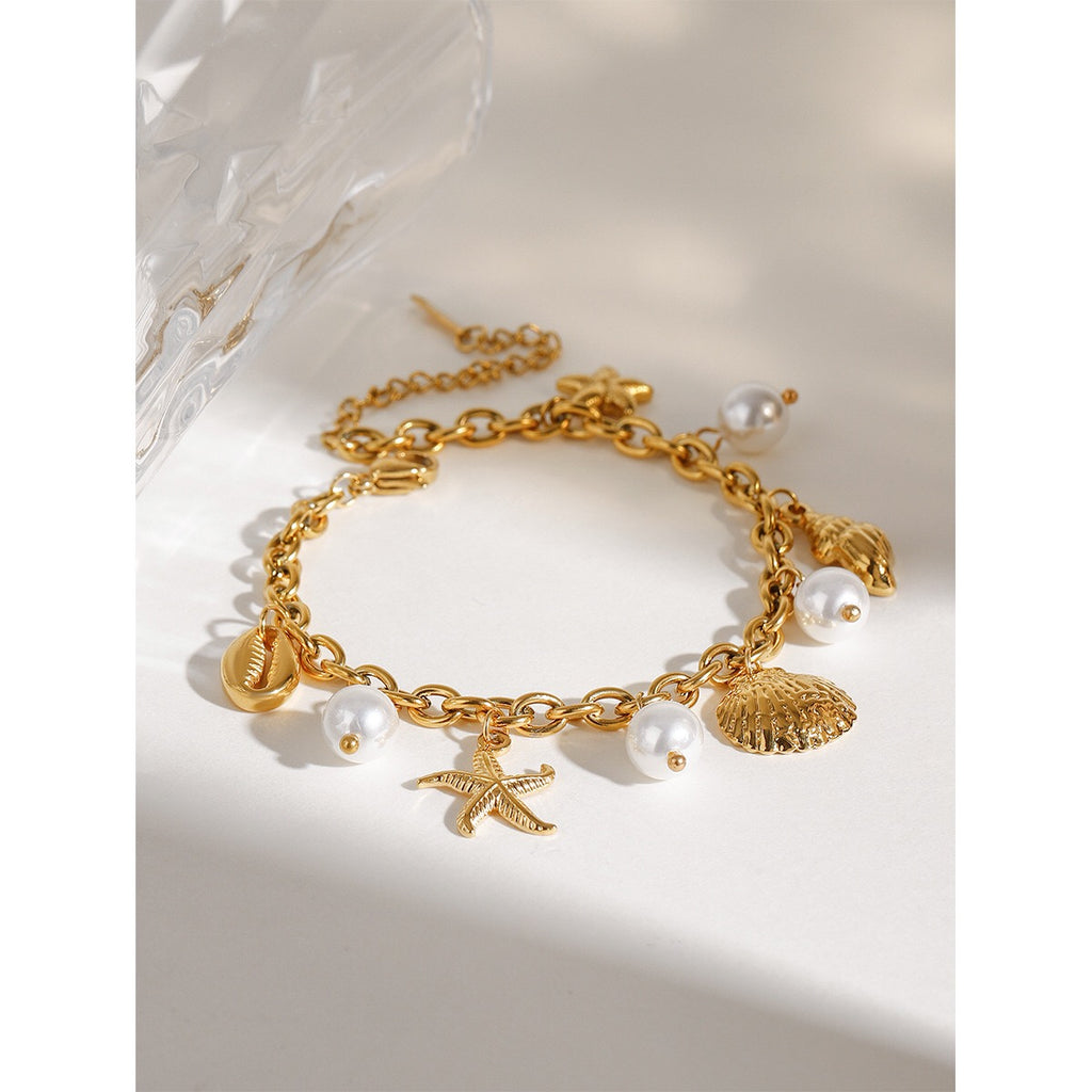 18K Gold Ocean Tale Shell Starfish Pearl Bracelet
