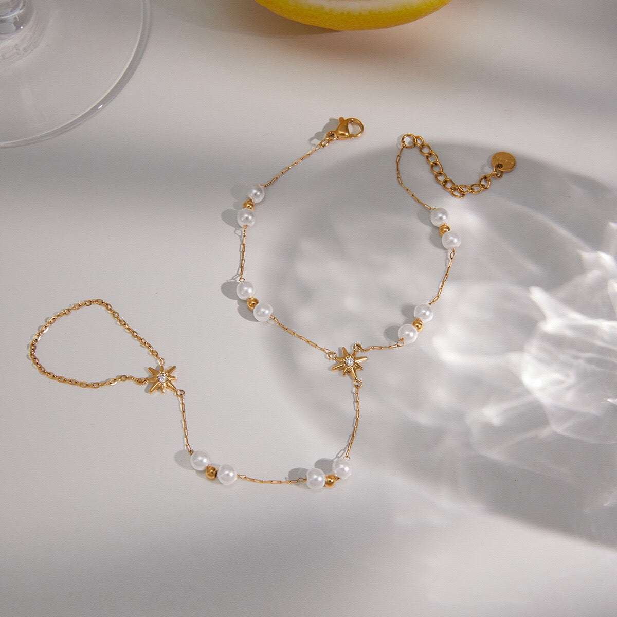 18K Gold Starlit Elegant Pearl Hand Chain Bracelet