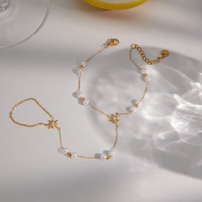 18K Gold Starlit Elegant Pearl Hand Chain Bracelet