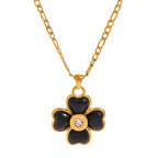 18K Gold Black Heart Clover CZ Pendant Figaro Chain Statement Necklace