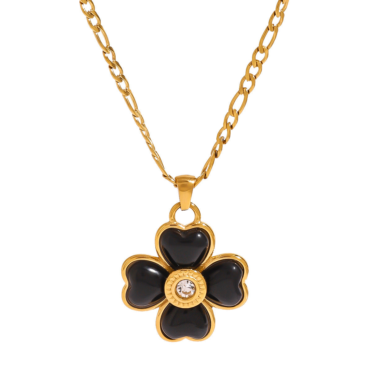 18K Gold Black Heart Clover CZ Pendant Figaro Chain Statement Necklace