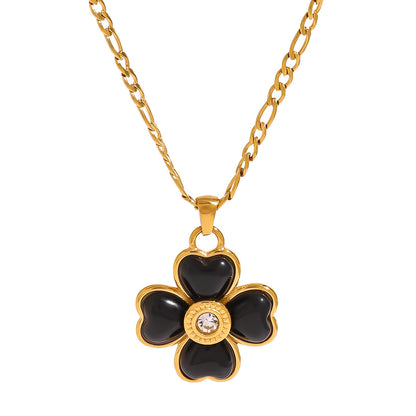 18K Gold Black Heart Clover CZ Pendant Figaro Chain Statement Necklace