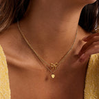 18K Gold Dainty Heart Bow Pendant Double Chain Layered Necklace Set
