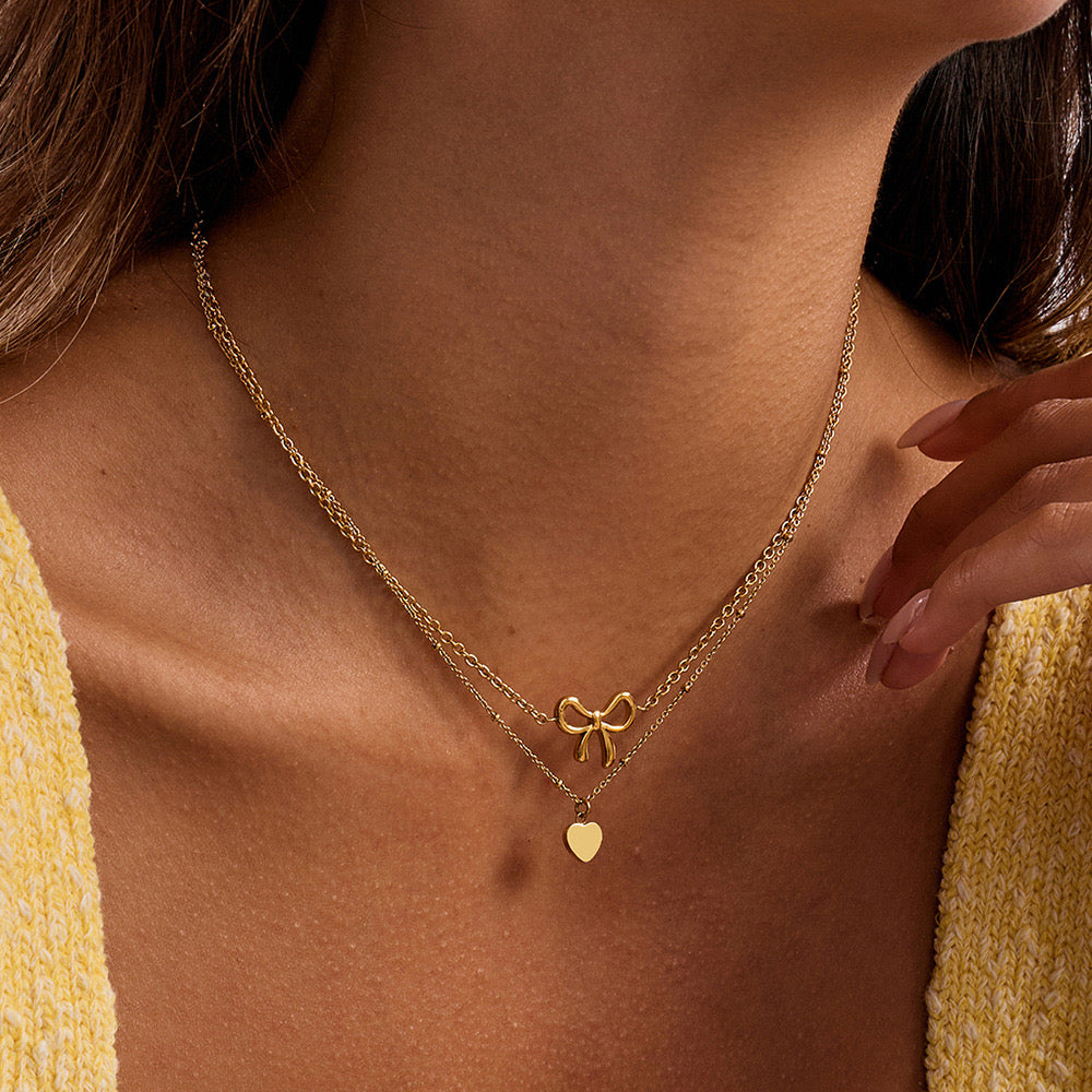 18K Gold Dainty Heart Bow Pendant Double Chain Layered Necklace Set