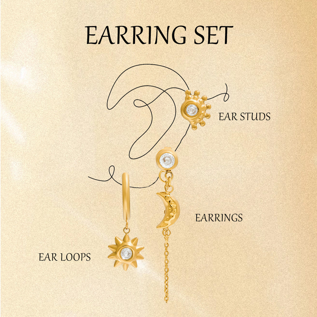18K Gold Stars and Moon Celestial Huggie Chain Earrings Cartilage Stud Set