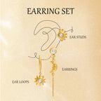 18K Gold Stars and Moon Celestial Huggie Chain Earrings Cartilage Stud Set