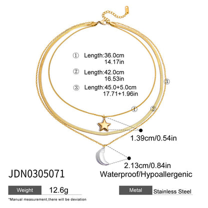 18K Gold Celestial Dream Star Pendant Pearl Moon Herringbone Chain Layered Necklace Set