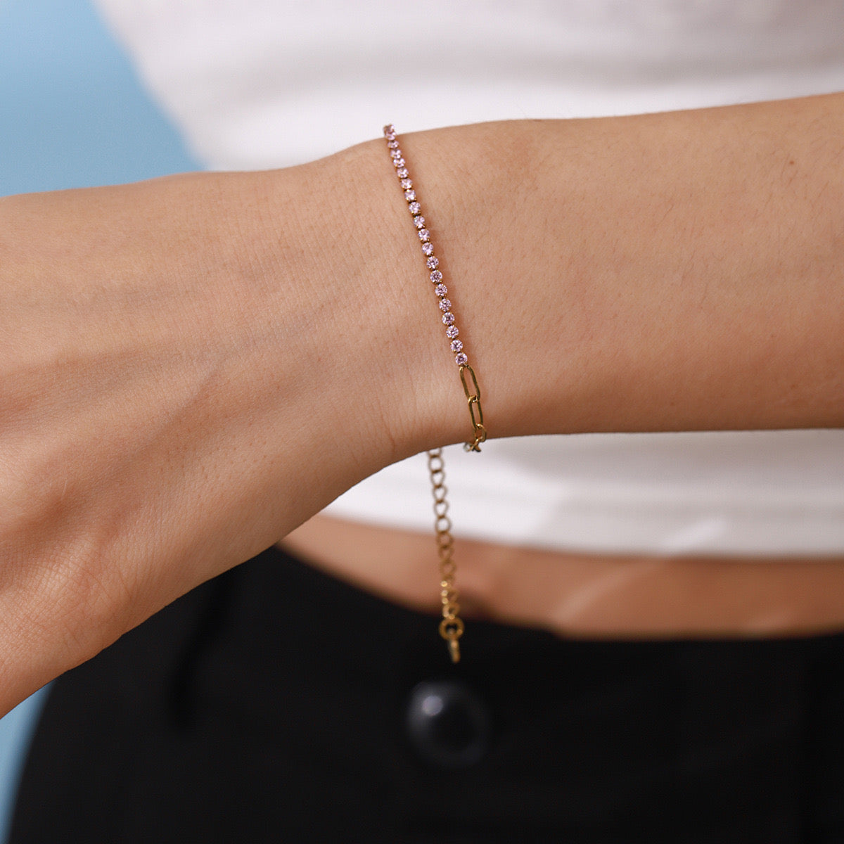 18K Gold Pink Jewel Paperclip Chain Dainty Tennis Bracelet