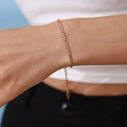 18K Gold Pink Jewel Paperclip Chain Dainty Tennis Bracelet