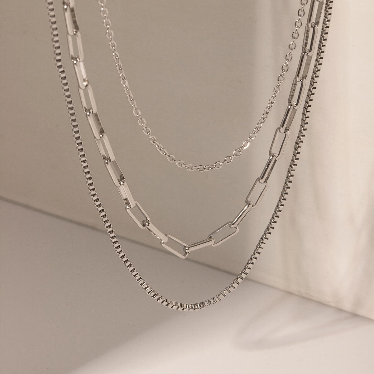 The Essential Stack Silver Paperclip Box Chain Layered Necklace Set