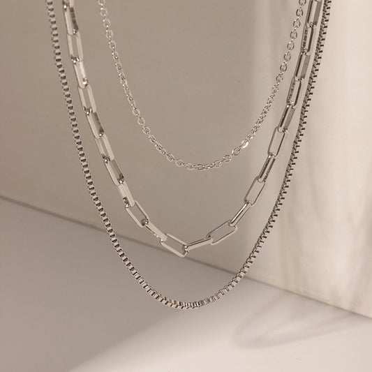 The Essential Stack Silver Paperclip Box Chain Layered Necklace Set