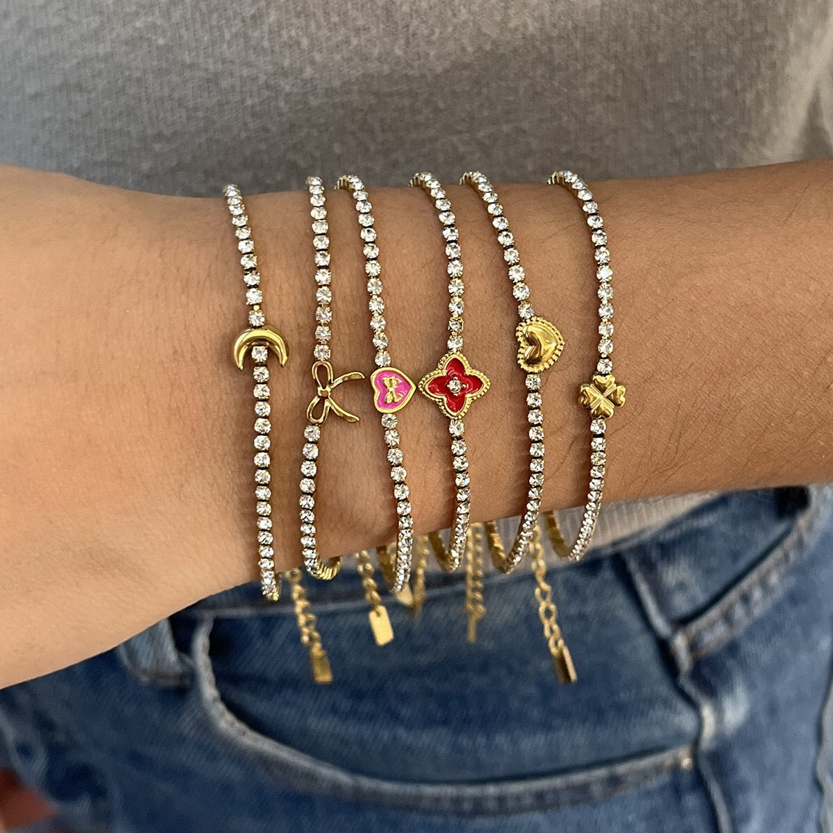 18K Gold Modern Fairytale Heart Bow Moon Clover Tennis Bracelet
