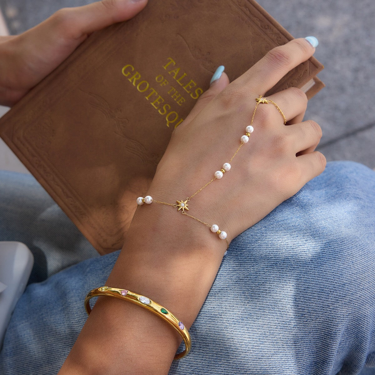 18K Gold Starlit Elegant Pearl Hand Chain Bracelet