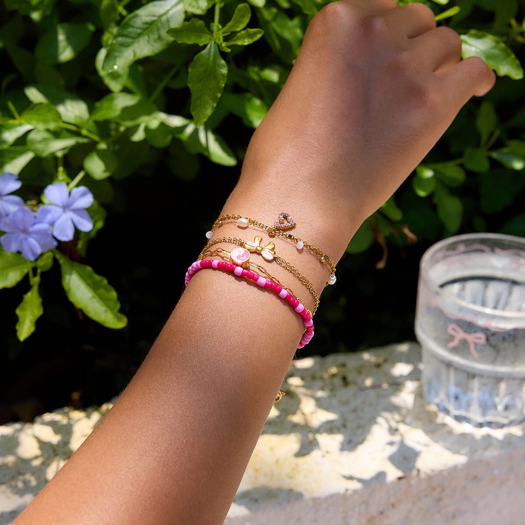 18K Gold Hot Pink Beaded Flower Bow Heart Chain Bracelet Stack