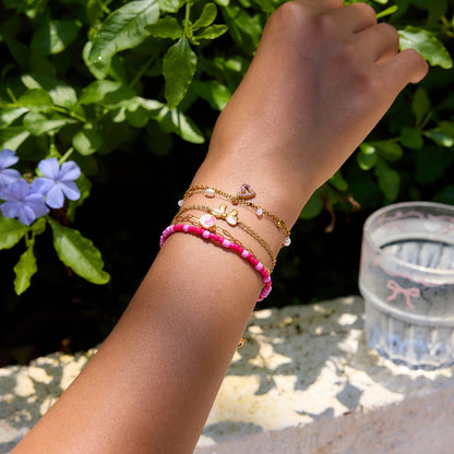 18K Gold Hot Pink Beaded Flower Bow Heart Chain Bracelet Stack