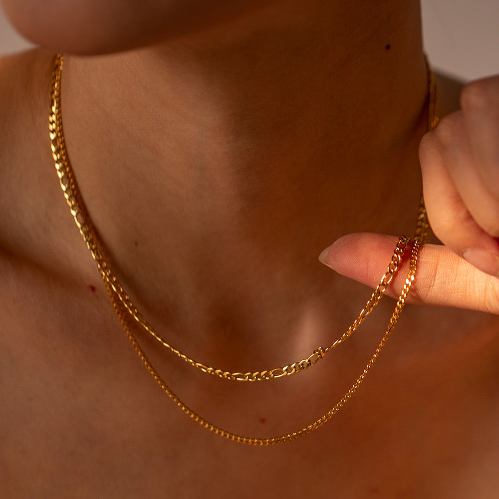 18K Gold Figaro Chain Double Layered Necklace