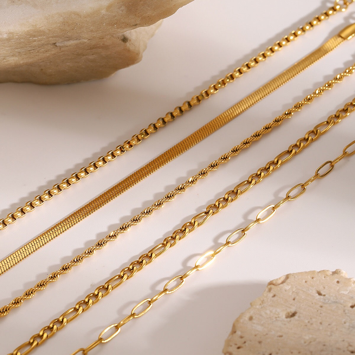 18K Gold Essential Dainty Paperclip Rope Herringbone Snake Chain Bracelet Stacks